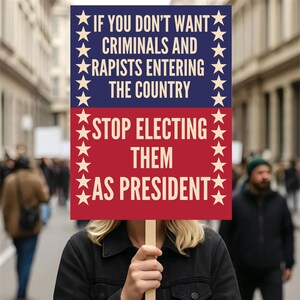 May include: A protest sign held by a person, featuring text in white on a blue and red background. The sign reads: "IF YOU DON'T WANT CRIMINALS AND RAPISTS ENTERING THE COUNTRY STOP ELECTING THEM AS PRESIDENT."