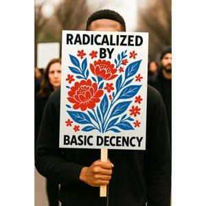 Puede incluir: Una persona sostiene un cartel con las palabras "RADICALIZED BY BASIC DECENCY" en texto negro. El cartel presenta un dise&ntilde;o floral con flores rojas, hojas azules y peque&ntilde;os acentos rojos en forma de estrella.