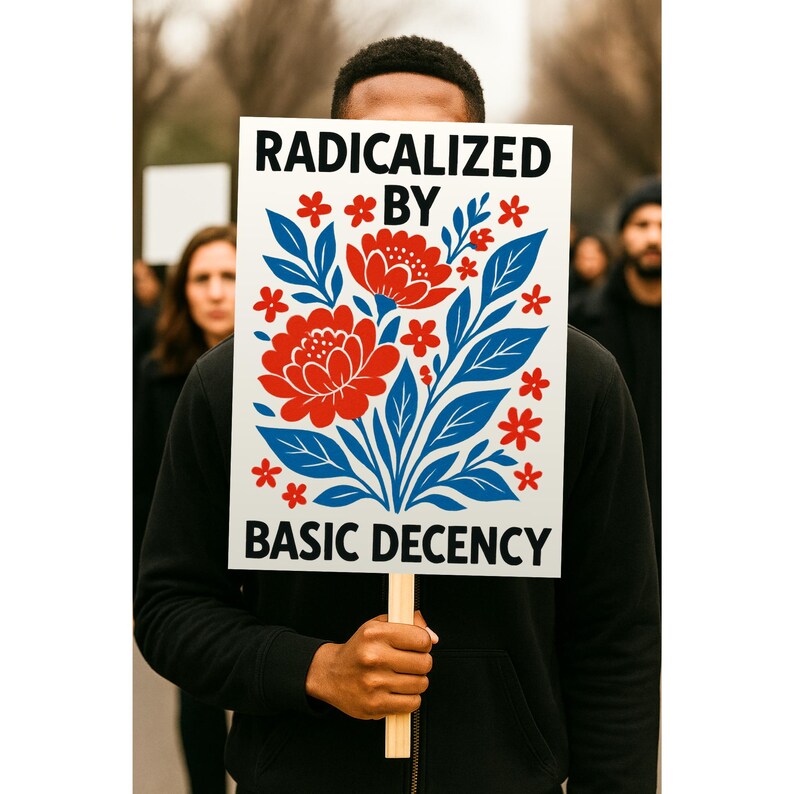 Puede incluir: Una persona sostiene un cartel con las palabras "RADICALIZED BY BASIC DECENCY" en texto negro. El cartel presenta un dise&ntilde;o floral con flores rojas, hojas azules y peque&ntilde;os acentos rojos en forma de estrella.