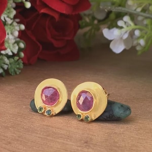 Rosecut Ruby Stud Earrings, Vermeil Gold 925 Silver Dainty Earrings, Ruby Green Tourmaline Studs, Minimalist Handmade Jewelry Gift for Her