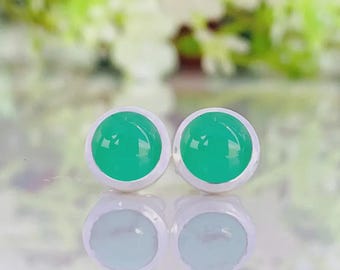 Natural Chrysoprase Stud Earrings 925 Sterling Silver Gold, Dainty Green Gemstone Studs, Small Round Minimalist Earrings Gift for Her