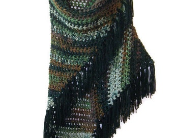 Crochet Fringe Shawl - Black Fringe Wrap Crochet Shawl - Green Brown Black Camo Long Boho Shawl