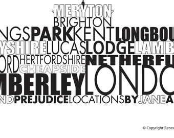 Jane Austen Pride and Prejudice Locations Jane Austen Pemberley Art Print Readers Gift Book Lovers Gift for Writers