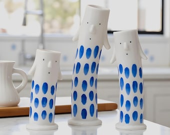 Handcrafted Quirky Vase with Face Design - Red or Blue Polka Dot Ceramic Art Piece
