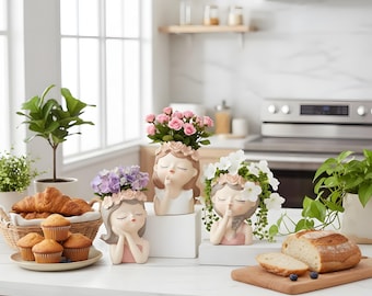 Girl Face Planter Vase | Resin Floral Crown, Decor