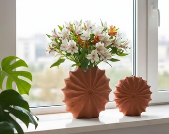 Ceramic Spiral Vase | Porcelain Sunburst Flower Vase | Boho Home Decor