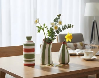 AMAZAVASE Ceramic Stripe Vase | Modern Green White Flower Vase | Minimal Home Decor