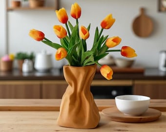 Crumpled Ceramic Vase | Minimalist Neutral Vase | Unique Sculptural Flower Holder for Home Decor