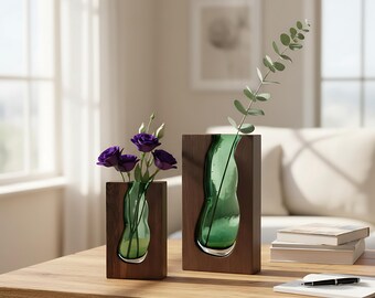 Nordic Wooden Vase | Modern Green Glass Table Decor