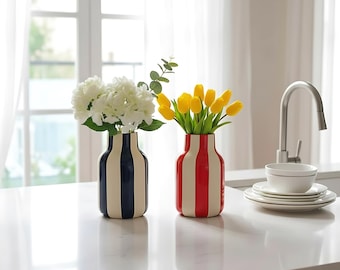 Striped Ceramic Vase | Modern Red Black White Flower Vase | Home Decor
