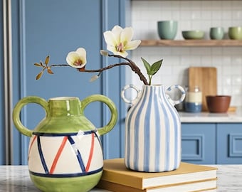 Striped Ceramic Vase with Handles | Unique Decorative Flower Holder for Home DEcor