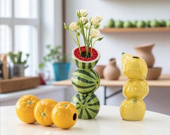 Fruit Shaped Vase – Watermelon, Lemon and Orange Ceramic Sculpture Planter
