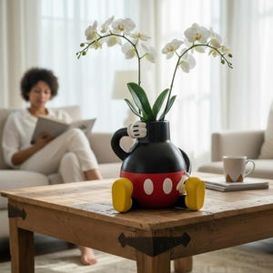 May include: A black, red, and yellow decorative vase in the shape of a cartoon character, holding white flowers. The vase has white gloves for handles and yellow shoes. The vase is sitting on a wooden coffee table.