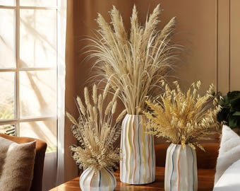 Handcrafted Striped Ceramic Vase Set: Modern Boho Home Decor