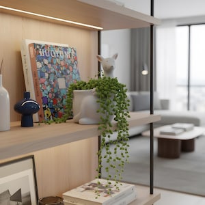 Puede incluir: Una estantería moderna con objetos decorativos. Una maceta de cerámica blanca con forma de conejo contiene una planta verde colgante. Libros con cubiertas coloridas y un jarrón azul también están en el estante. El estante es de madera clara.