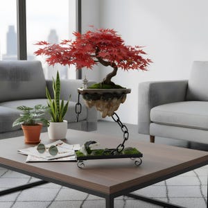 May include: A bonsai tree with bright red leaves, in a floating pot suspended by a black chain. The pot rests on a decorative base. The bonsai is a striking centerpiece on a wooden coffee table. The table is approximately 100 cm long.