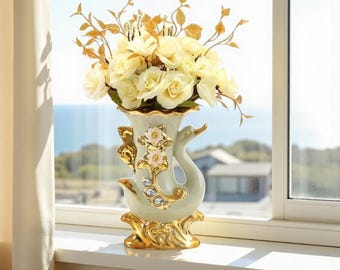 Luxury Swan Vase with Gold Detailing & Floral Accents