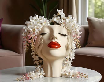 Red Lips Face Planter Vase - Modern Woman Sculpture Flower Pot