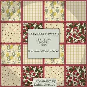 Naadloze tuin patchwork patroon, aardbei-citroen gingang quiltprint, zomerfruit digitaal papier, commercieel gebruik, 12 x 12 300 dpi, png PNGEgg