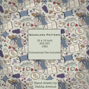 Chateaucore Seamless Pattern, French Picnic Digital Paper, Hand-drawn Blue Gingham (Digital Download)