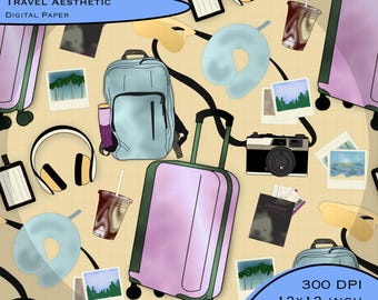 Clipart de viaje en papel digital / Equipaje, patrón sin costuras de pasaporte (PNG)
