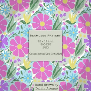 May include: A seamless pattern featuring a floral design with large pink flowers with yellow centers, blue and purple flowers, and green leaves. The pattern includes the text "SEAMLESS PATTERN" and "12 x 12 inch".