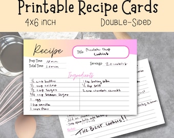Tarjetas de recetas imprimibles de 4x6 / Tarjeta de recetas en blanco / Descarga instantánea / Organizador de cocina / Carpeta de recetas imprimible