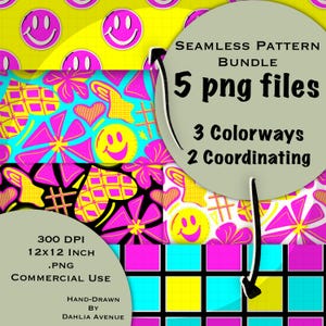 May include: A seamless pattern bundle with 5 PNG files, 3 colorways, and 2 coordinating designs. The patterns feature smiley faces, flowers, hearts, and geometric shapes in bright pink, yellow, and turquoise. The image includes the text "300 DPI, 12x12 INCH, .PNG, COMMERCIAL USE, HAND-DRAWN BY DAHLIA AVENUE."