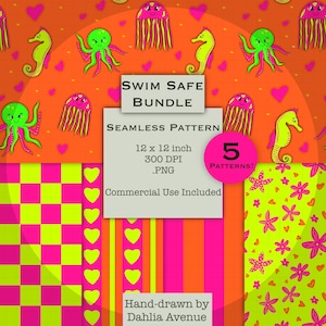 May include: A digital art bundle with five seamless patterns. The patterns feature cartoon jellyfish, seahorses, and octopuses on an orange background. Other patterns include pink and yellow geometric designs. The text reads "Swim Safe Bundle".