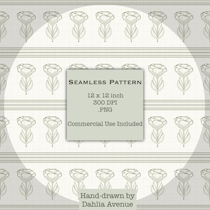 Può includere: Motivo floreale senza cuciture in verde tenue su sfondo crema. Il motivo include il testo "SEAMLESS PATTERN" e dimensioni di 30,48 x 30,48 cm. Il motivo è disegnato a mano da Dahlia Avenue.