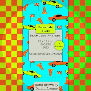 May include: A digital seamless pattern bundle with a turquoise background featuring yellow and orange cars, traffic cones, and checkered flags. The text "Swim Safe Bundle" and "Seamless Pattern" are included. The image is 12 x 12 inches.