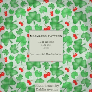 Puede incluir: Patrón sin costuras con tréboles verdes y cerezas rojas sobre un fondo verde claro. El diseño incluye el texto "SEAMLESS PATTERN" y "12 x 12 inch". El patrón está dibujado a mano por Dahlia Avenue.