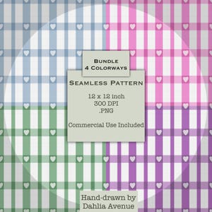 May include: A seamless pattern bundle with four colorways: blue, green, pink, and purple. Each colorway features a grid design with white hearts. The image includes text that reads "BUNDLE 4 COLORWAYS" and "SEAMLESS PATTERN 12 x 12 inch 300 DPI .PNG Commercial Use Included."