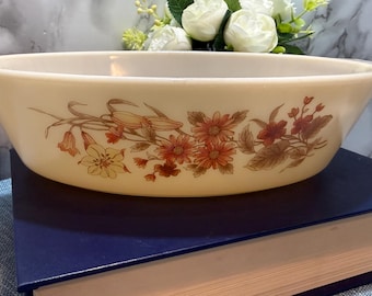 Vintage Pyrex England Brown Floral Oval Casserole Dish - Retro Milk Glass Baking Dish, Country Kitchen Collectible