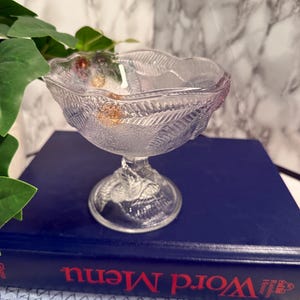 Vintage Pressed Glass Compote Bowl with Fruit and Leaf Motif, Scalloped Edge, Pedestal Base