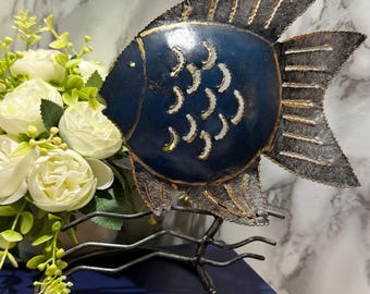 Vintage Metal Fish Candle Holder, Nautical Taper Candle Stand, Coastal Decor, Mid Century Style Table Accent