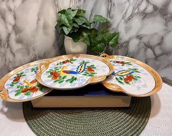 Vintage Chinese Snack Plates Set of 3 Oval Hand-Painted Peacock Strawberry Gold Colored Rim Boho Serveware