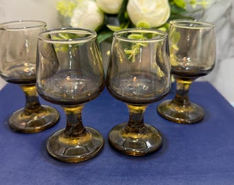 Vintage Amber Smoked Brown Footed Stemmed Shot Glasses Set of 4 Retro Mid Century Barware Wine Sherry Liqueur