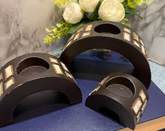 Juego de 3 portavelas vintage con incrustaciones de nácar, de madera negra arqueada, para velas pequeñas, estilo bohemio.