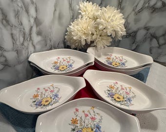 Vintage Japan floral au gratin dishes set of 7 – oval handled individual casserole baking – cottagecore serving bowls
