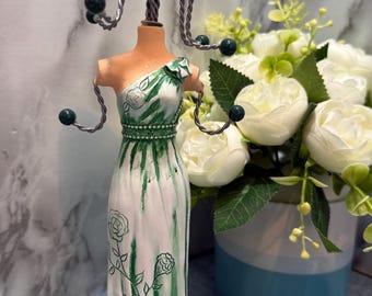 Vintage Style Articulated Lady Figurine Jewelry Holder, Green and White Floral Dress Display Stand, Decorative Vanity Organizer