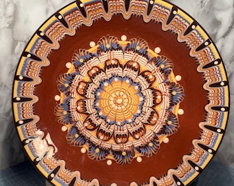 Vintage Marbled Folk Art Ceramic, Decorative Wall Hanging - Handmade Romanian Pottery Plate