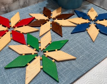 Vintage Style Multi-Colored Wooden Snowflake Star Coasters Set - Handmade Plywood Holiday Trivets Hot Pads - Rustic Kitchen Table Decor Gift