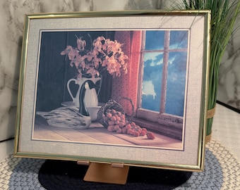 Vintage Still Life Framed Art Print – Country Window Scene with Flowers & Strawberries
