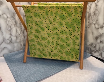 Vintage Wooden Folding Knitting Sewing Basket with Green Fabric Liner, Retro Craft Organizer