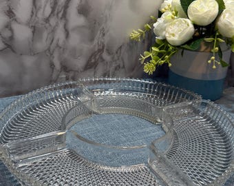 Vintage Clear Pressed Glass Divided Dish 4 Sections Faceted Hobnail Round Trinket Candy Serving Tray Retro Decor