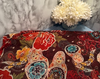 Vintage Matryoshka Doll Floral Fabric – Brown Boho Russian Folk Art Print, Red Rose Sewing Material (115" x 60")