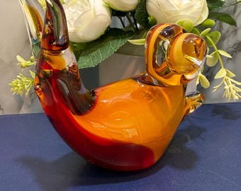 Vintage Murano-Style Orange Gold Aventurine Glass Snail Figurine, Paperweight, in Original Box