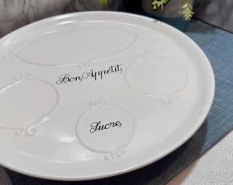 Plato de servir de cerámica blanca vintage con la inscripción "Bon Appétit Sucre", plato decorativo con escritura, plato de decoración de pared para cocina de estilo campestre francés.