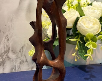 Vintage Abstract Wooden Couple Embrace Sculpture Hand Carved Suar Wood Figurine Statue